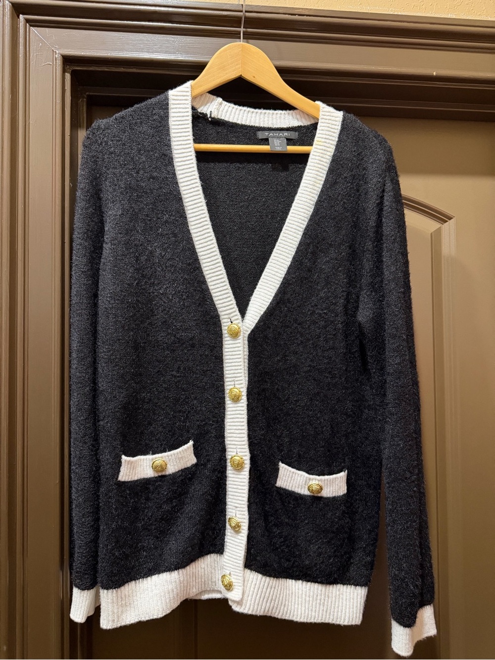 Tahari Black Cardigan with White Trim and Gold Buttons